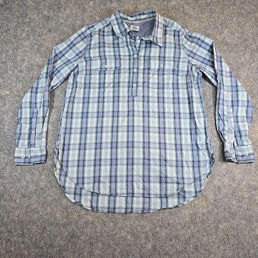 Ridgecut Toughwear Womens 1/2 Button Blouse Sz Large Long Sleeve Blue Aqua Plaid